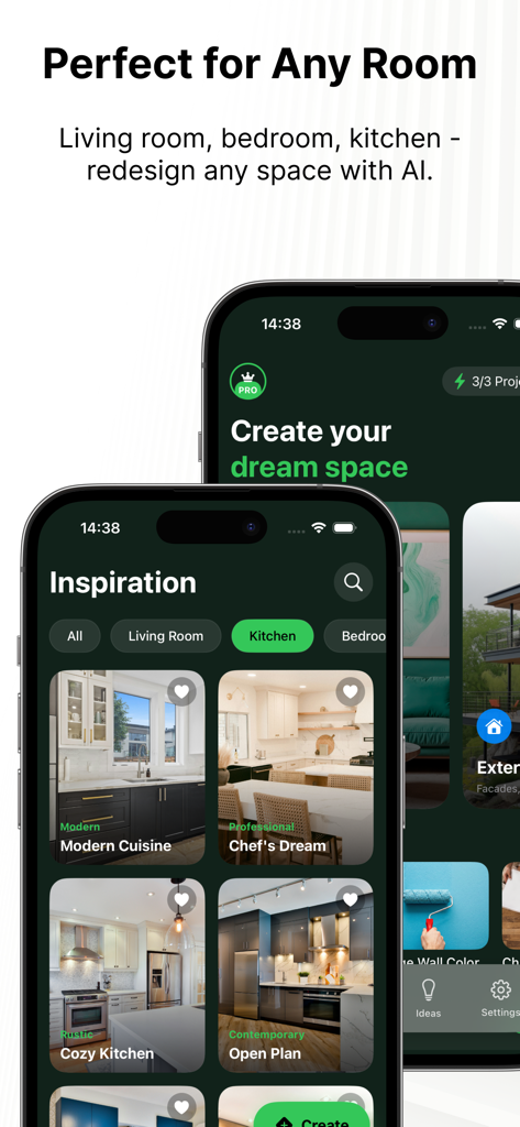 Mobile app interface of Renova AI showing various kitchen redesign styles and interior design inspiration.