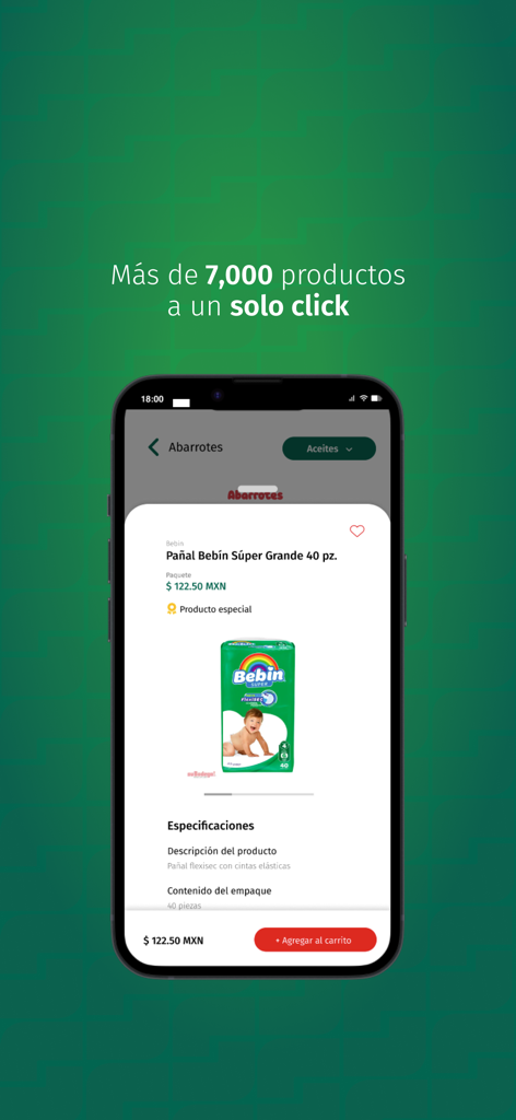 Mobile screen of the suBodega app displaying a product page for baby diapers including price and detailed description in Spanish