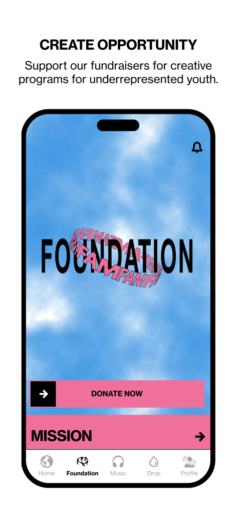 The Foundation tab of the FAMFAM app showing a donate now button and mission details to support youth creative programs.