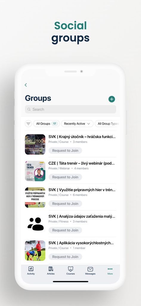 Soccer Coaches Hub - Interface of the Soccer Coaches Hub app displaying a list of private social groups for professional coaching collaboration and networking.