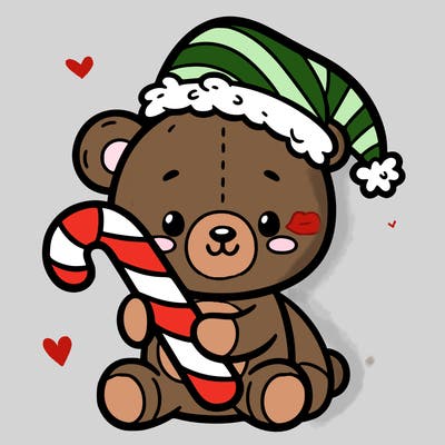 a teddy bear in a santa hat holding a candy cane
