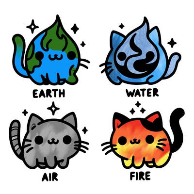 4 cats that represent the different elements, earth, water, air, and fire