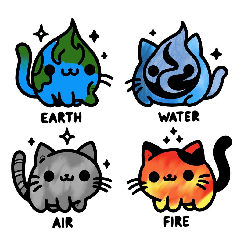 4 cats that represent the different elements, earth, water, air, and fire