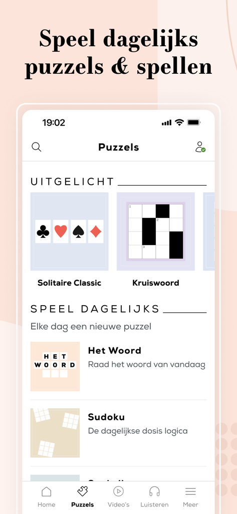 Libelle.nl - 매일 십자말 퍼즐과 스도쿠가 포함된 Libelle.nl 앱의 퍼즐 및 게임 섹션 스크린샷.