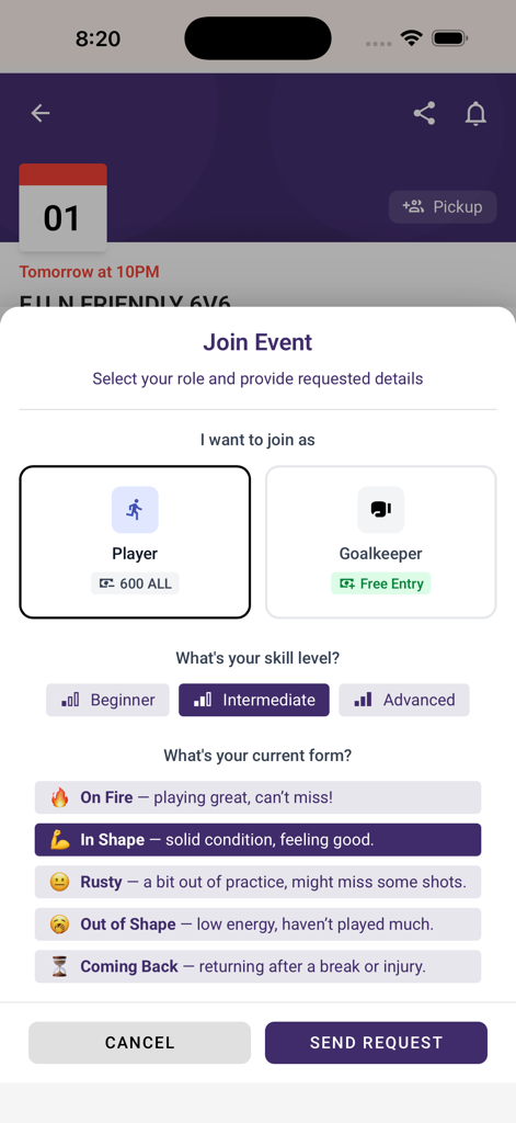 Squadin - Join event screen on Squadin app with player role and skill level selection