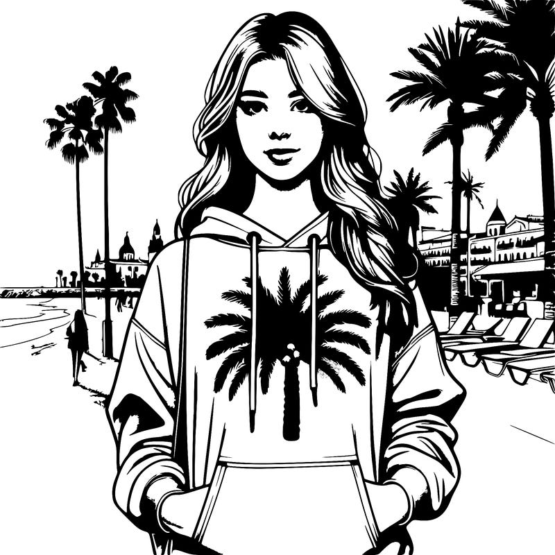 a girl real looking on summer vacation in spain on a beach with palm trees wearing a pink palm puff hoodie