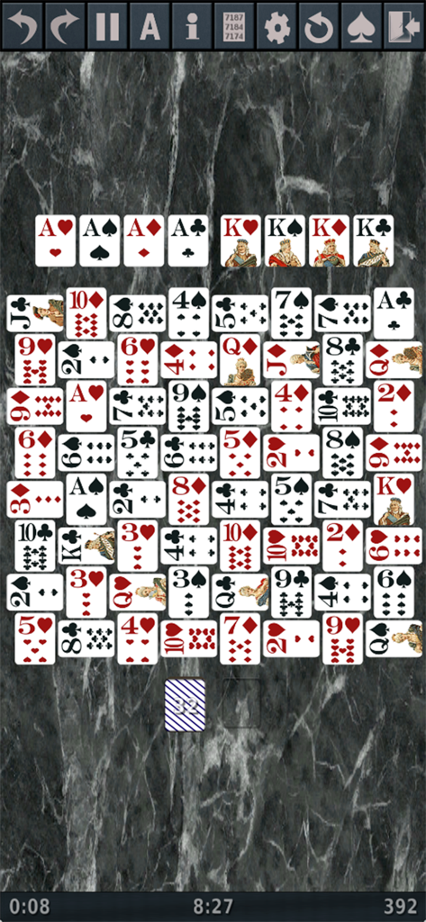 Solitaire 3D. - Solitaire 3D mobile game interface showing a complex card grid layout on a dark marble background
