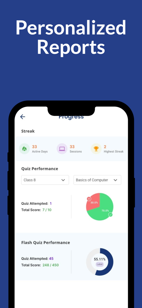 Coding Jr - Panel de informes de progreso personalizado del estudiante en la aplicación Coding Jr que muestra rachas de aprendizaje y métricas de rendimiento de cuestionarios