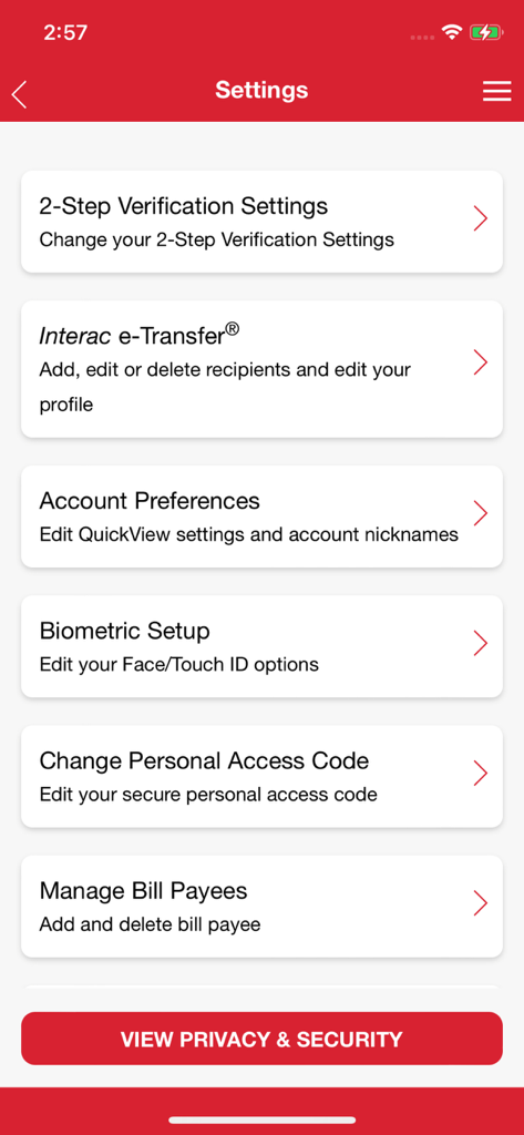Mainstreet CU Mobile Banking - Settings screen of the Mainstreet CU Mobile Banking app showing options for security biometric setup and account preferences