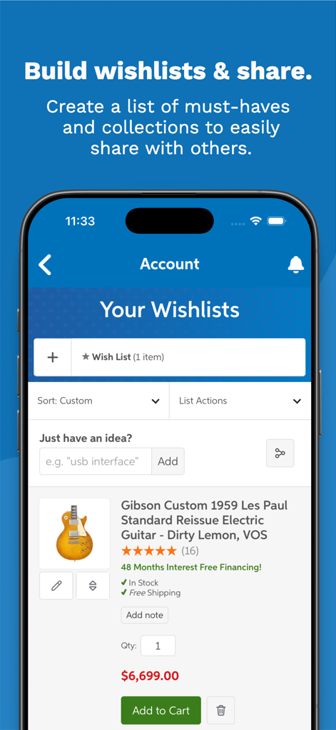 Sweetwater app interface showing a music gear wishlist with a Gibson Custom 1959 Les Paul guitar