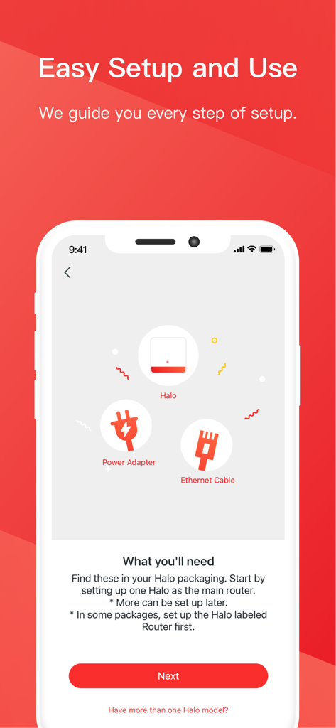 MERCUSYS app screen showing the hardware needed for an easy Halo mesh Wi-Fi system setup