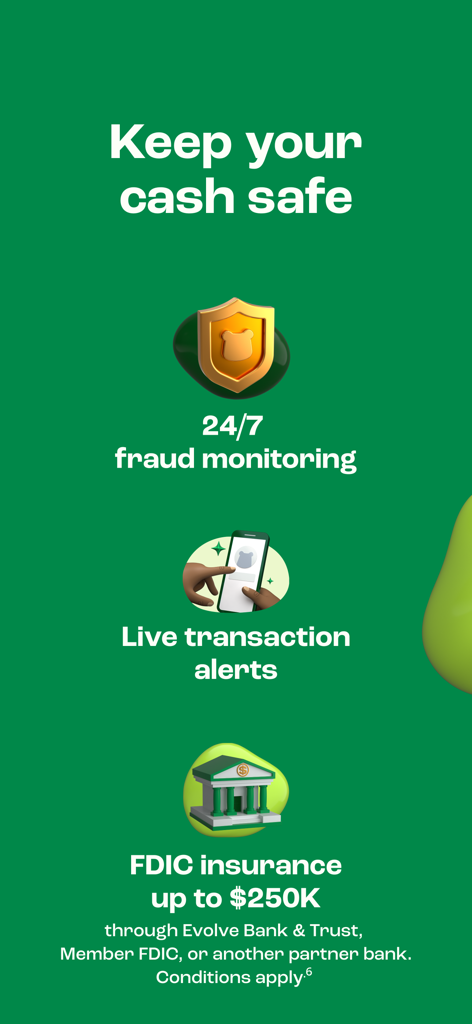 Pantalla de la aplicación Dave detallando las características de seguridad, incluyendo monitoreo de fraude 24/7, alertas de transacciones en vivo y seguro de la FDIC hasta 250 mil dólares.