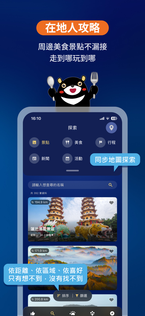 高雄GO！ - Interfaccia dell'app Kaohsiung GO che mostra la schermata di scoperta della guida locale con categorie per attrazioni gastronomiche e itinerari e un risultato di ricerca per l'Area panoramica del Lago dei Loti
