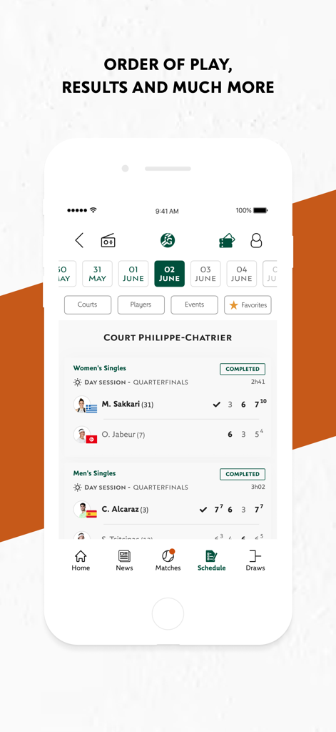 Official Roland-Garros app interface displaying tennis match schedules and results for Court Philippe-Chatrier.