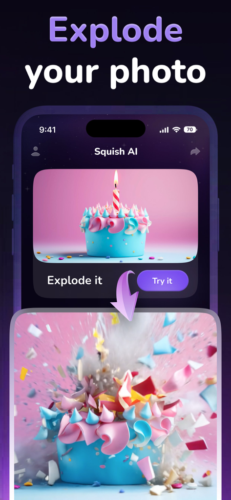 Creato AI. Video generator. - Creato AI app interface showing the explode photo feature with a cake being transformed into flying pieces.