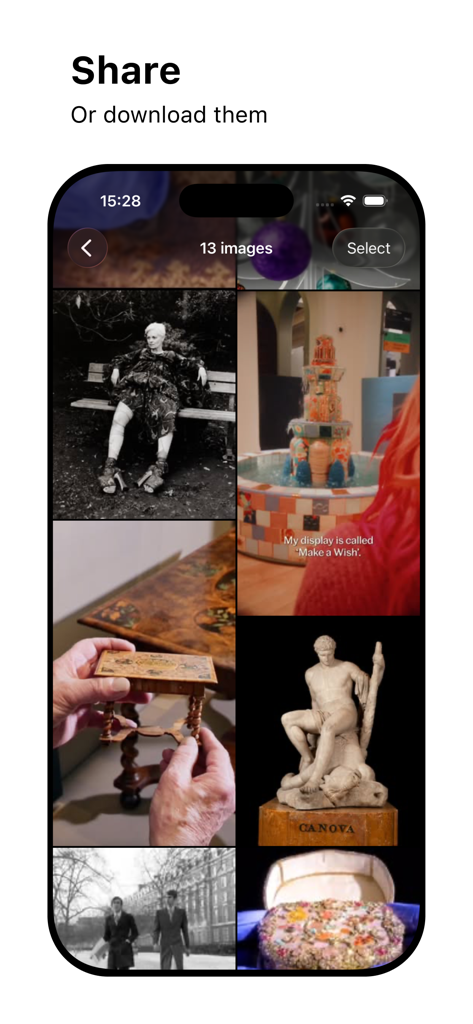 Web Browser - Interface for downloading and sharing multiple images from a website in the Web Browser app.