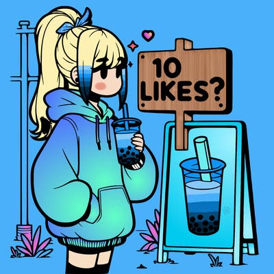 girl with oversized hoodie drinking boba and she has a high ponytail with a sign that says 10likes?