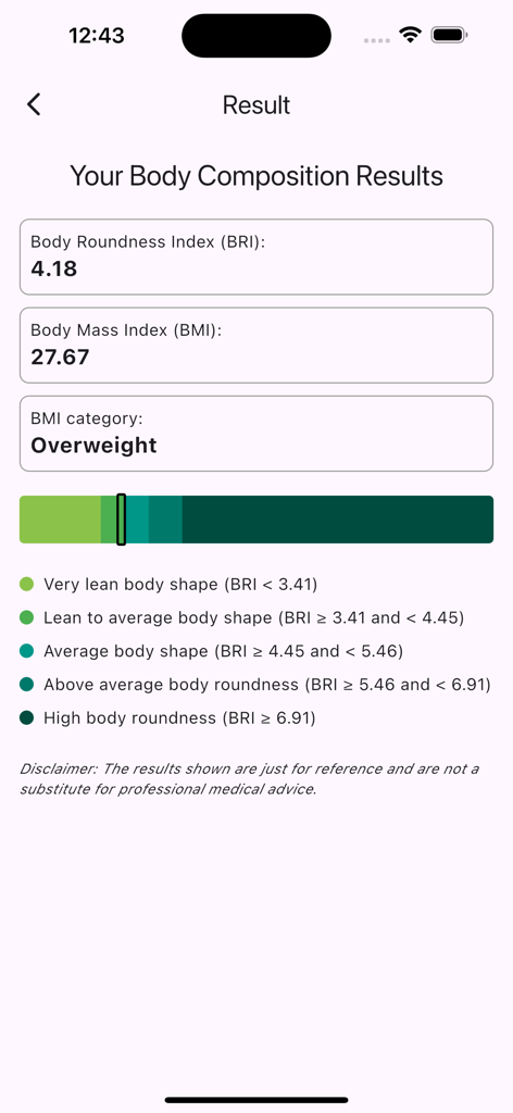 Results screen of the BRI Calculator app showing Body Roundness Index and BMI metrics
