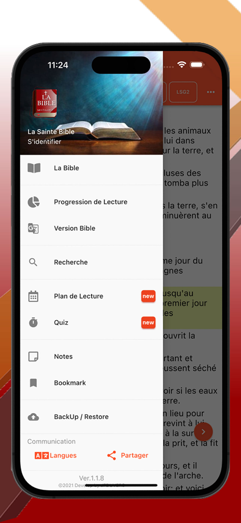 La Sainte Bible Multilangue - The sidebar menu of the La Sainte Bible Multilangue app showing study features such as reading plans and quizzes in French.