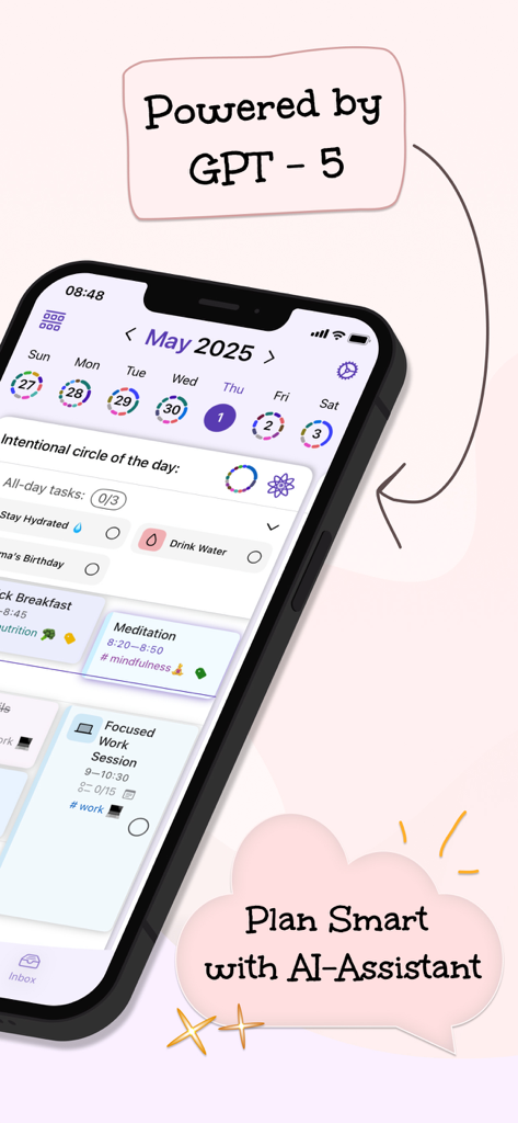 Aesthetic iPhone interface of Simplified AI Daily Planner showing a smart calendar and task list powered by GPT 5.