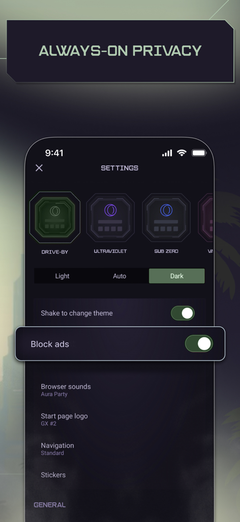 Opera GX - Menú de configuración de la aplicación móvil Opera GX con la función de bloqueo de anuncios activada