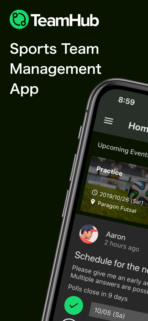 TeamHub sports team management app home screen showing upcoming events and team feed on a mobile device