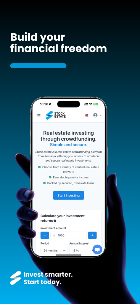 stock.estate - Schermata dello smartphone che visualizza l'interfaccia dell'app di crowdfunding immobiliare stock estate con calcolatore di investimenti