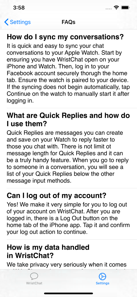 WristChat for Facebook - Frequently Asked Questions page for the WristChat for Facebook app providing setup and privacy information