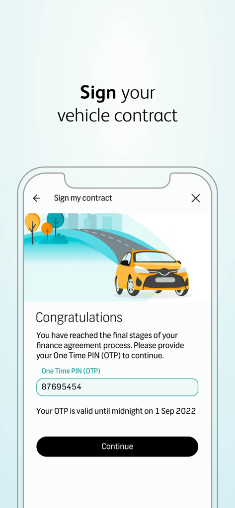 WesBank app interface showing the final step to sign a vehicle finance contract using a one time pin