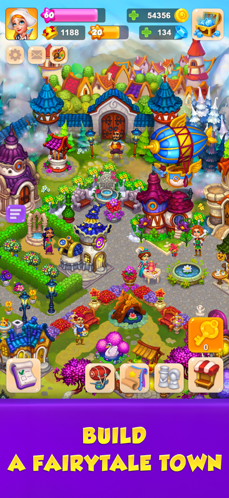 Royal Farm - A colorful overhead view of a fairytale town in Royal Farm with magical buildings and characters