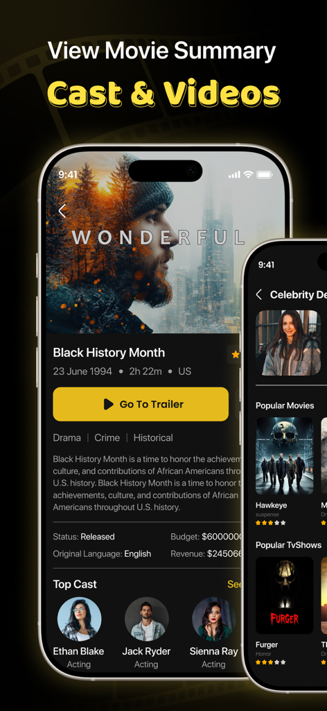 Interface de l'application MovieBox Pro montrant les détails du film, les profils des acteurs et les titres tendances