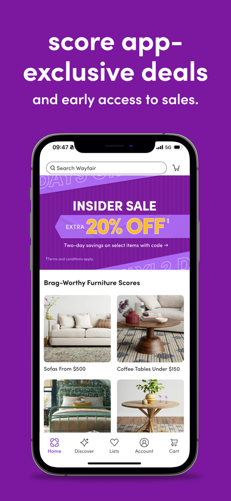 Wayfair – Shop All Things Home - Interfaccia dell'app Wayfair che mostra una vendita promozionale interna per mobili come divani e tavolini