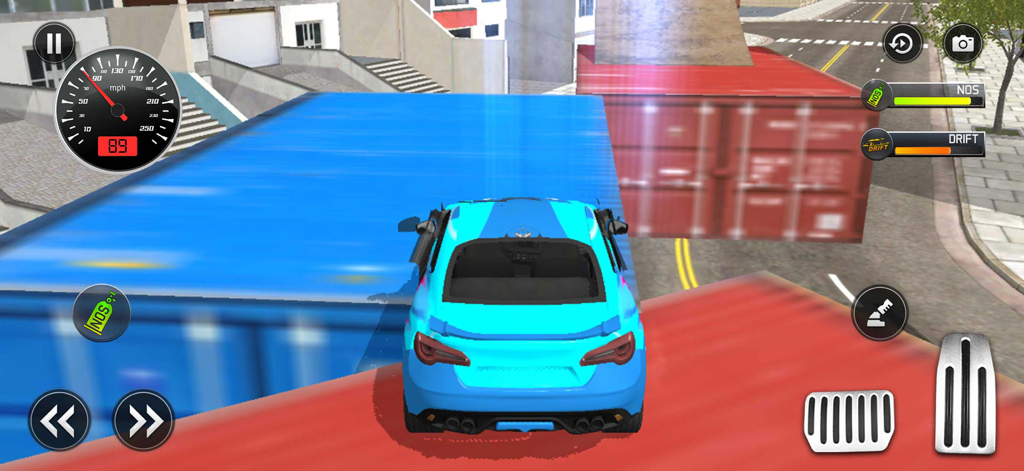Open World Car Simulator Games - A blue sports car performing a stunt mission on top of shipping containers in a city driving simulator game.