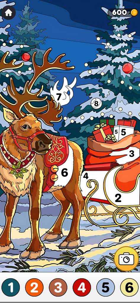 Paint Book Christmas Edition - A Christmas themed color by number page featuring a reindeer and a sleigh full of gifts in a snowy forest.