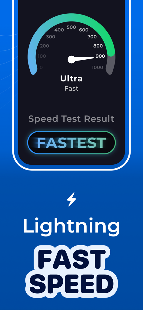 A speedometer graphic showing ultra-fast connection speeds in the Opus VPN app interface