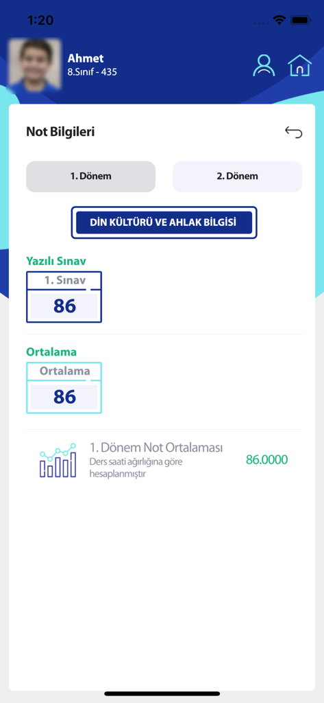 Grade information screen in the MEB E-OKUL VBS app displaying exam scores and semester averages for a student.
