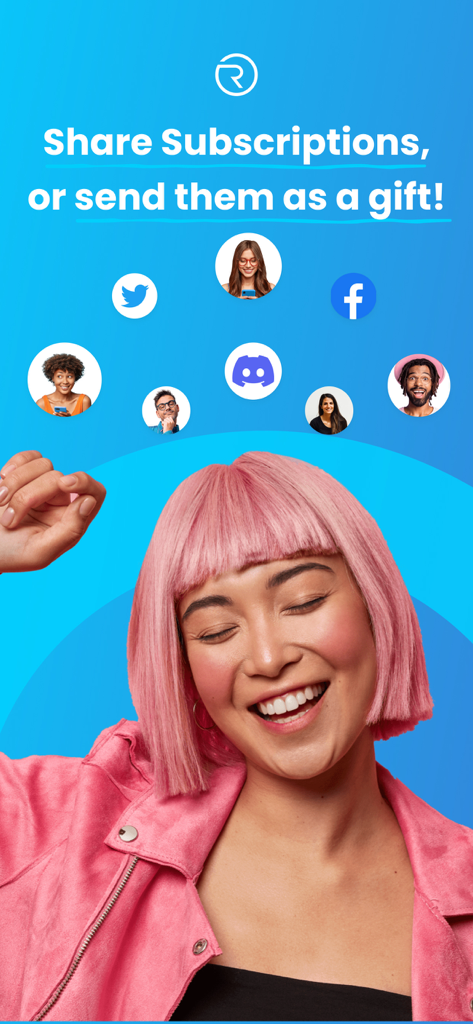 Revuto - A woman smiling under text that says Share Subscriptions or send them as a gift with social media icons