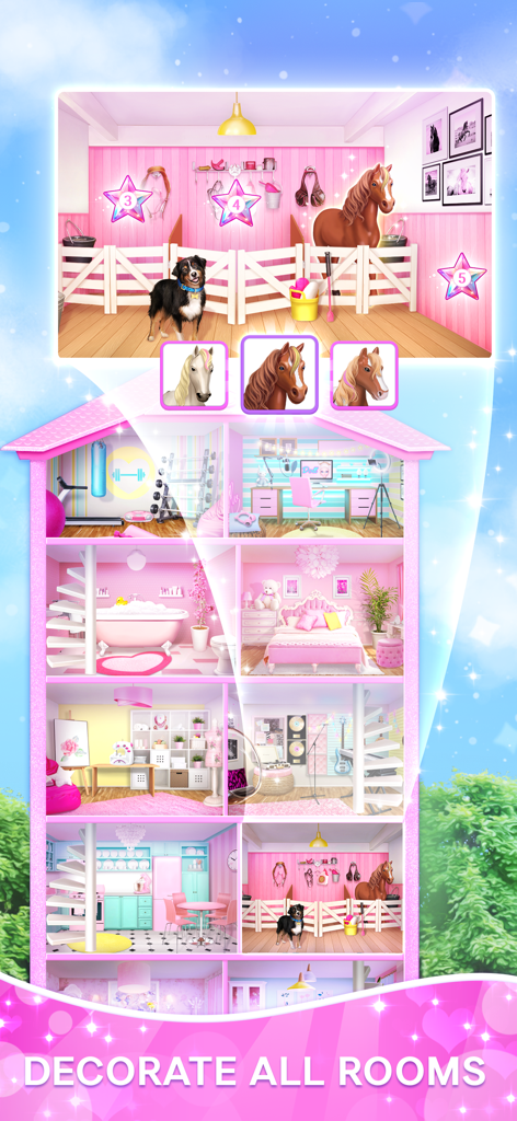 Doll Dress Up: Dream House - A pink multi-story virtual dollhouse showing different rooms to decorate including a kitchen bedroom and horse stable