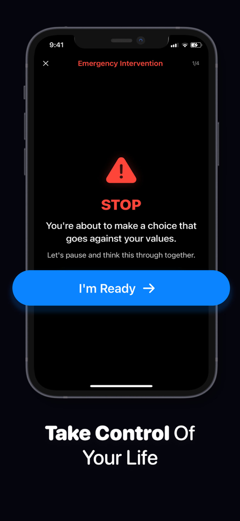 Screenshot of an emergency intervention feature in the Rewired app designed to help users pause and take control during critical moments