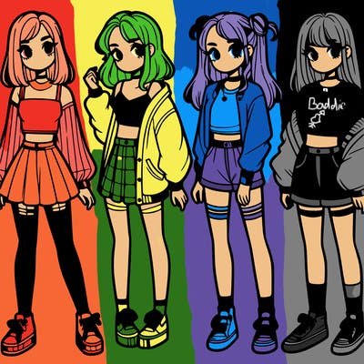 one girl with crop-top shirt and a jacket with a skirt, long socks and another girl with a shirt and pants with a jacket