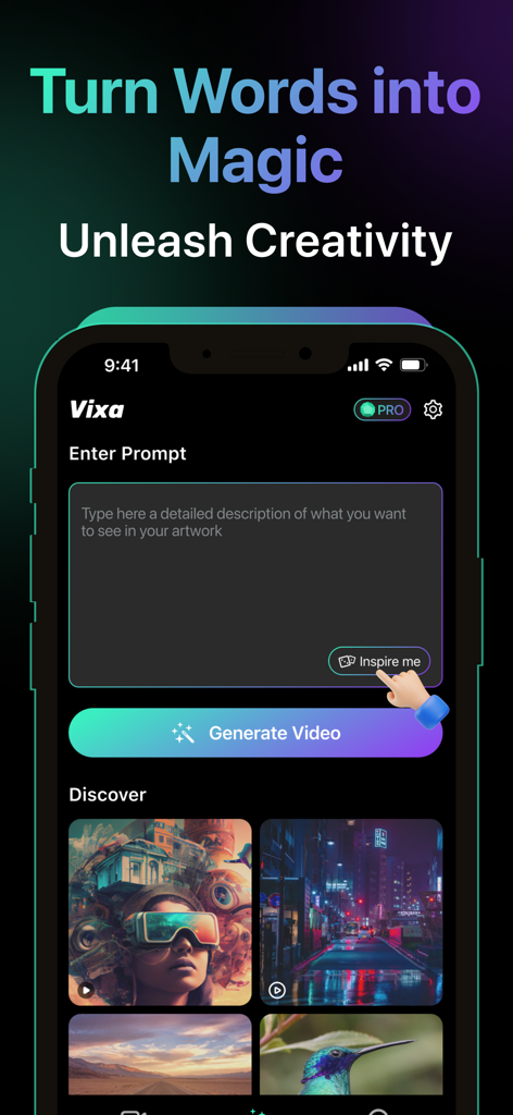 Vixa – AI Video Generator - Interface of the Vixa app showing the text-to-video prompt screen with a Generate Video button and cinematic sample clips.