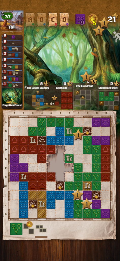 Cartographers - Écran de jeu de l'application Cartographers montrant une grille de carte dessinée à la main avec un placement tactique de terrain.