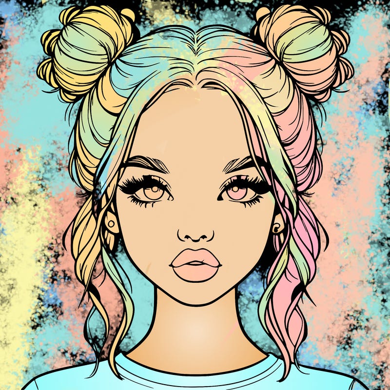 realistic girl with two buns in hair and lips