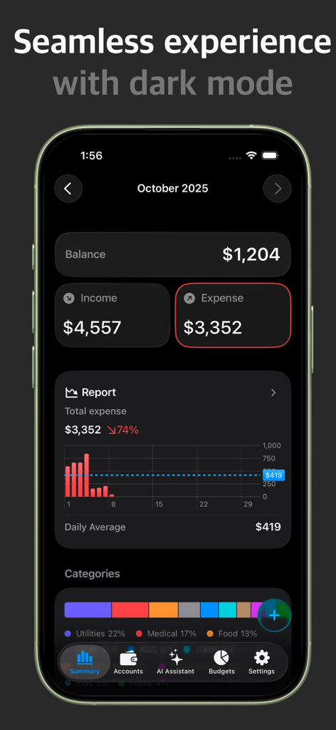 Panel de Mona Money Tracker en modo oscuro que muestra el saldo financiero y los informes de gastos