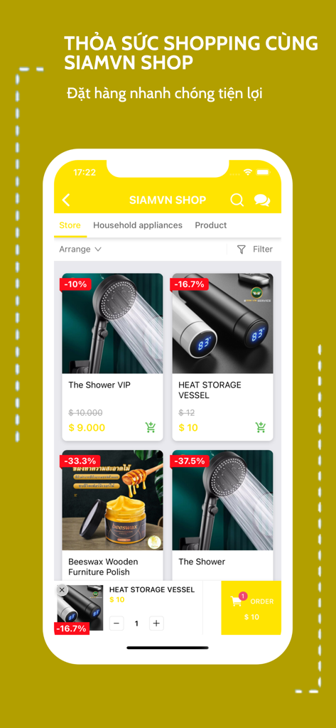 SiamVn Store - Interface do aplicativo móvel SiamVn Store exibindo produtos domésticos com preços e descontos