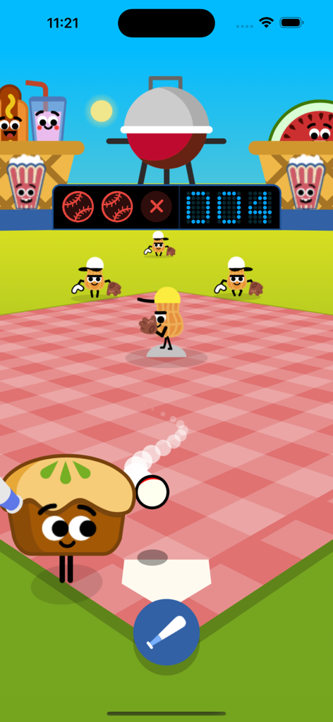 Doodle Baseball Game - A cupcake character at bat in a doodle-style baseball game on a picnic blanket field