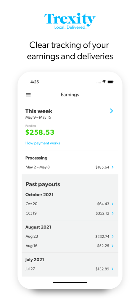 Trexity Driver - Trexity Driver app interface showing weekly earnings and past payout history