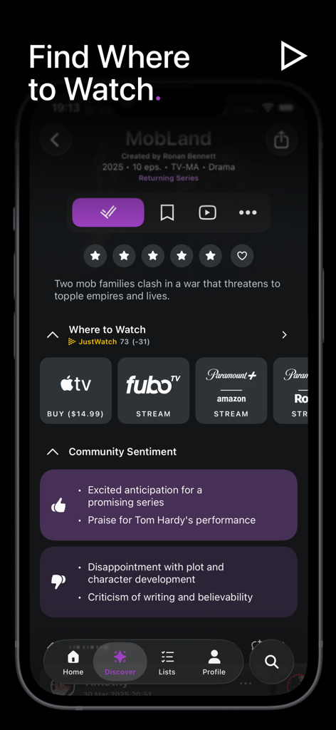 trakt.TV Shows & Movies - Interfaccia dell'app Trakt che mostra dove guardare una serie TV con opzioni di streaming e valutazioni del sentimento della community