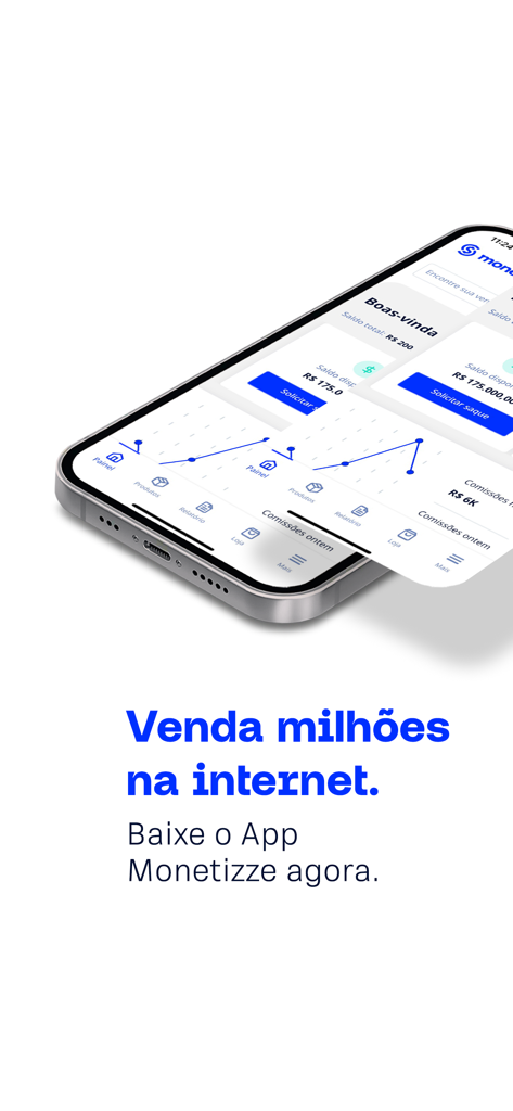 Monetizze business app dashboard on a smartphone showing sales charts and financial reports