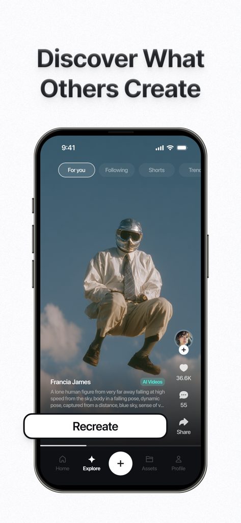 Doozy AI: Video Generator - Interfaz de la aplicación Doozy AI mostrando el feed de exploración de la comunidad con un vídeo generado por IA y un botón de recrear